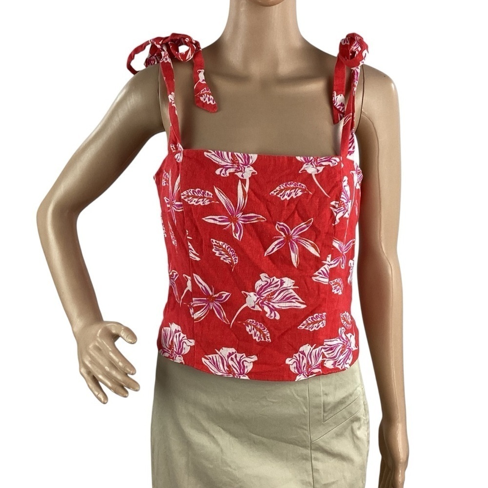 Joie Red Floral Tie Shoulder Smocked Back Linen Blend Tank Top Size 8
